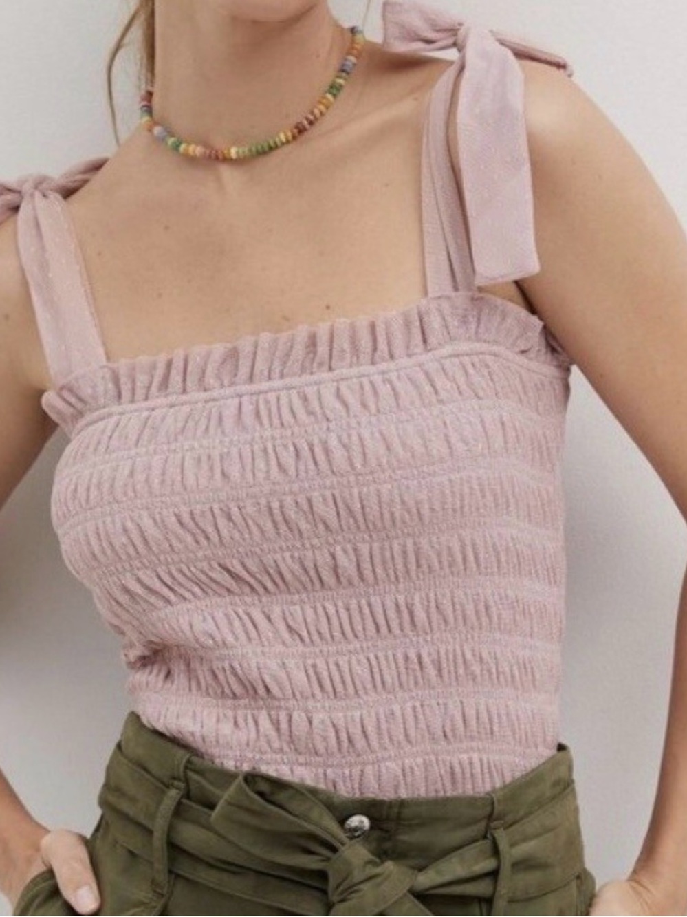 Boohoo Dusty Pink Smocked Tie-Strap Tank